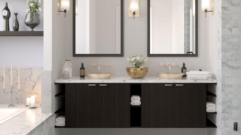 Floating frameless vanity in Dark Gray with open shelving