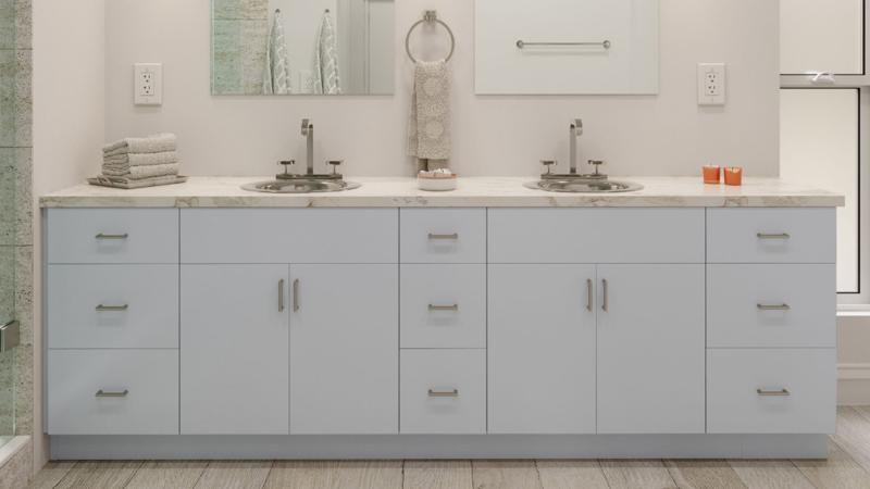 Double frameless vanity in Harbor Gray with drawer banks