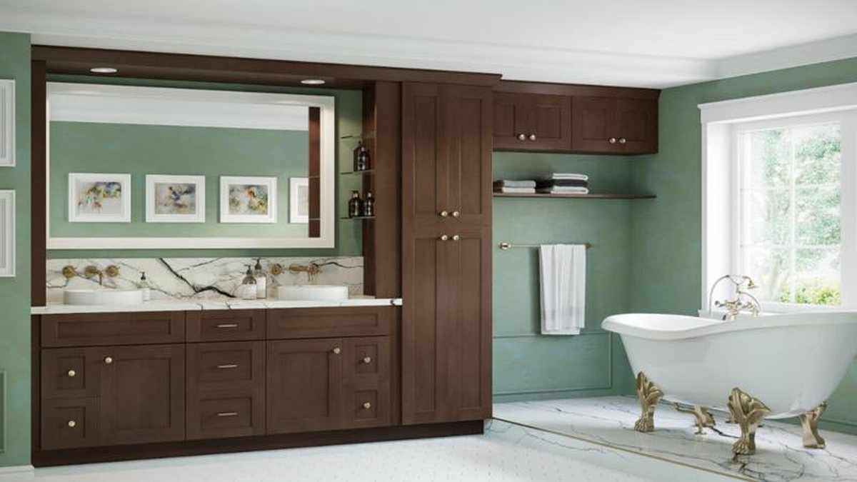 Frameless vanity cabinetry in Shaker Kodiak