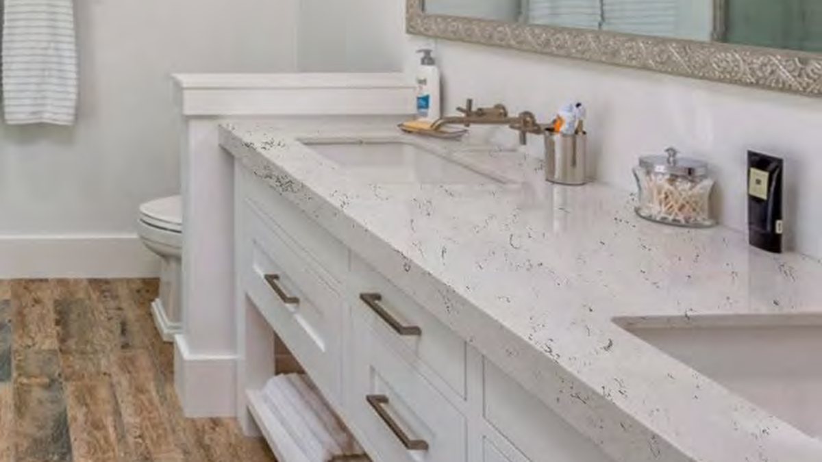 Bathroom vanity with a quartz top and undermount basin