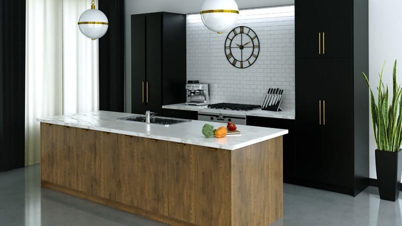 Frameless slab kitchen cabinetry in black with a wood-tone island