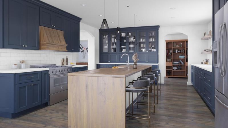 Shaker cabinetry in Brooklyn Midnight navy with a light wood island