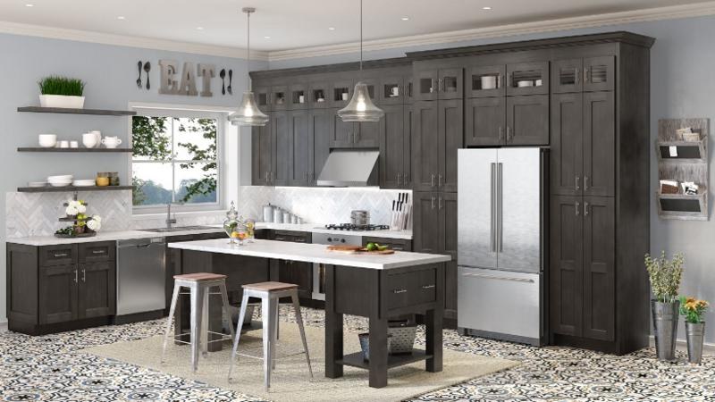 Shaker cabinetry in Cinder Gray with glass-front uppers