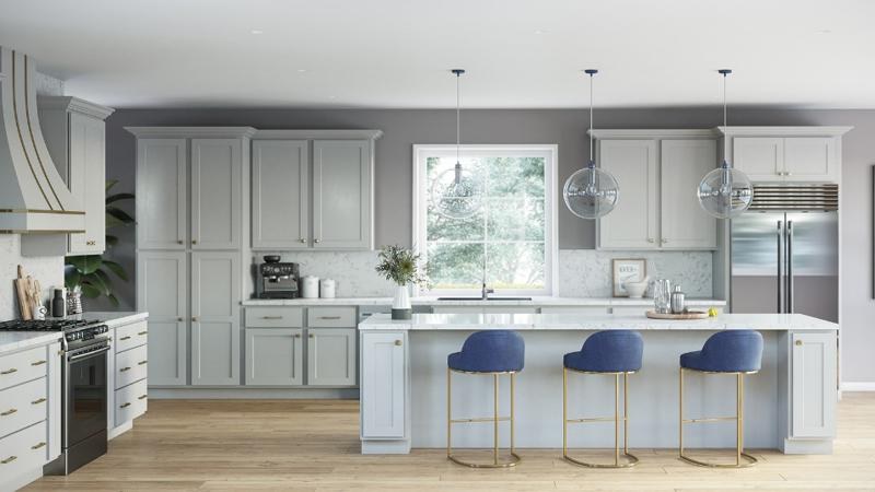 Shaker cabinetry in Essential Gray with a white quartz island