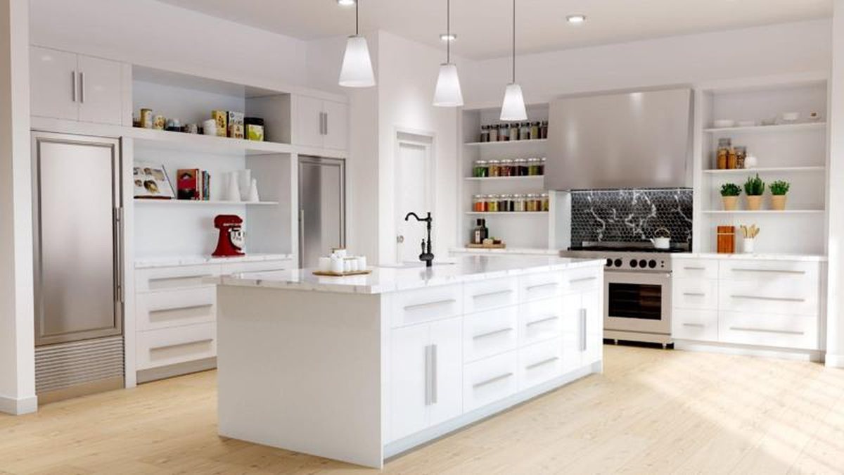 Frameless slab cabinetry in Ultra White