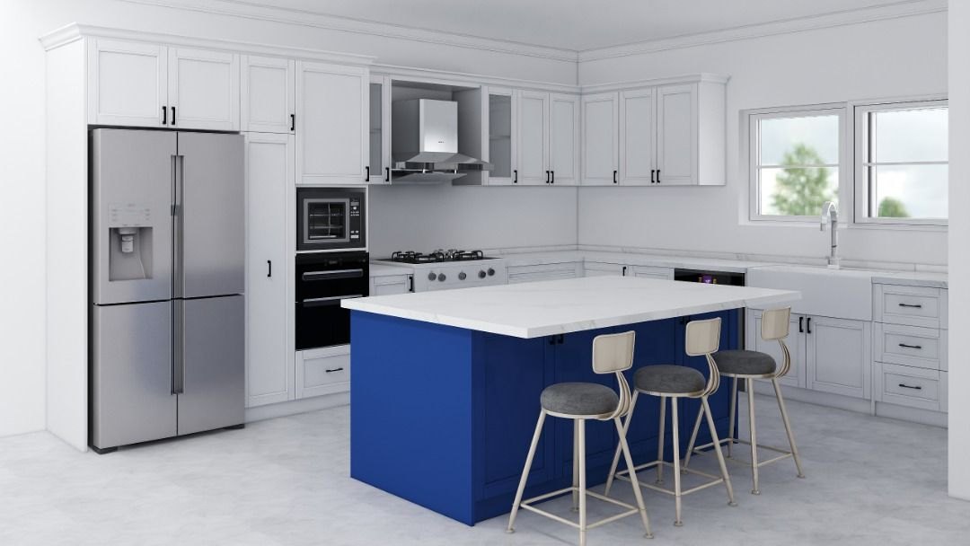 Rendering of white Shaker cabinetry with a blue Shaker island and a white marble-look countertop