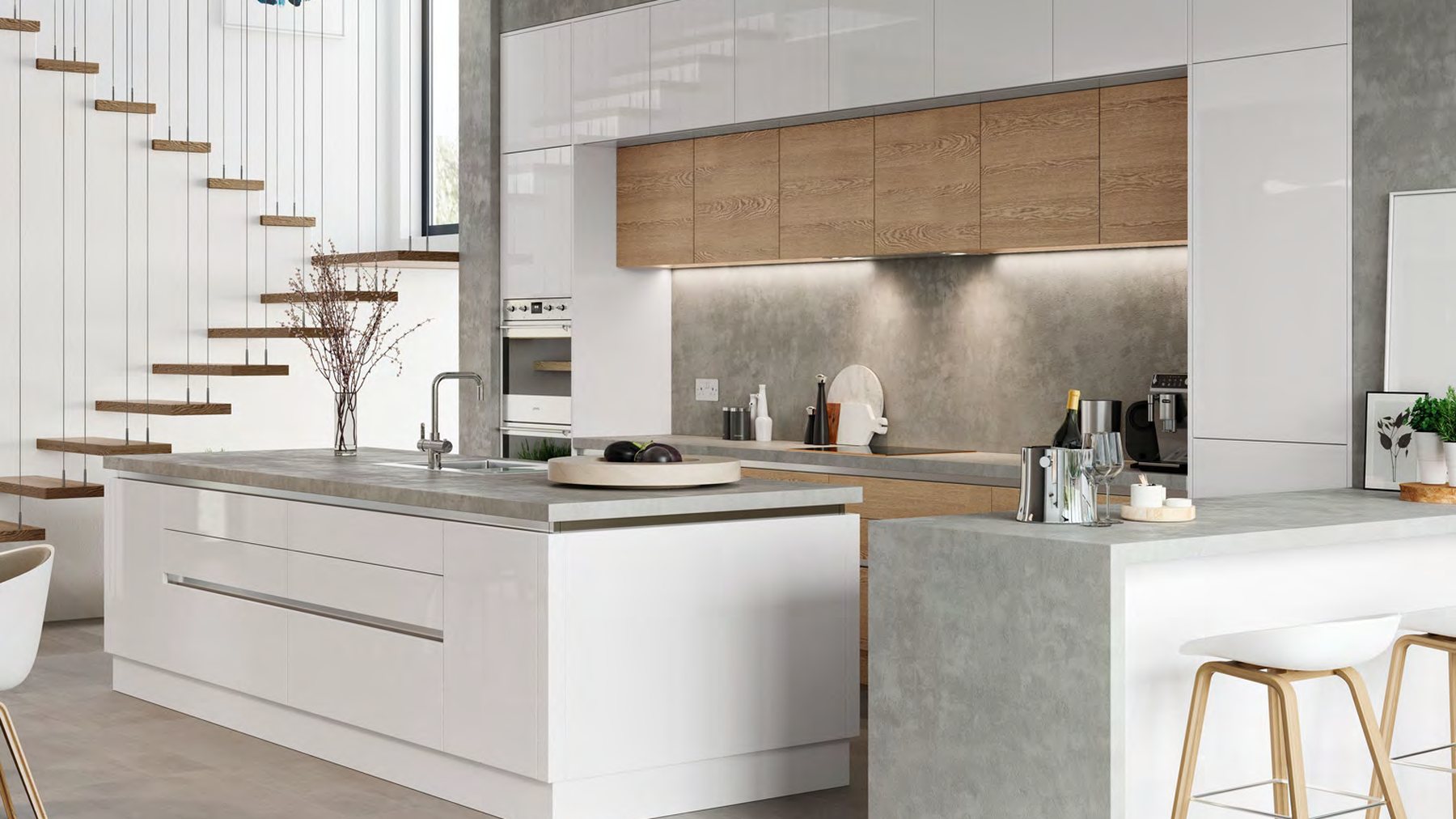 Modern kitchen with quartz waterfall island and full-height cabinetry
