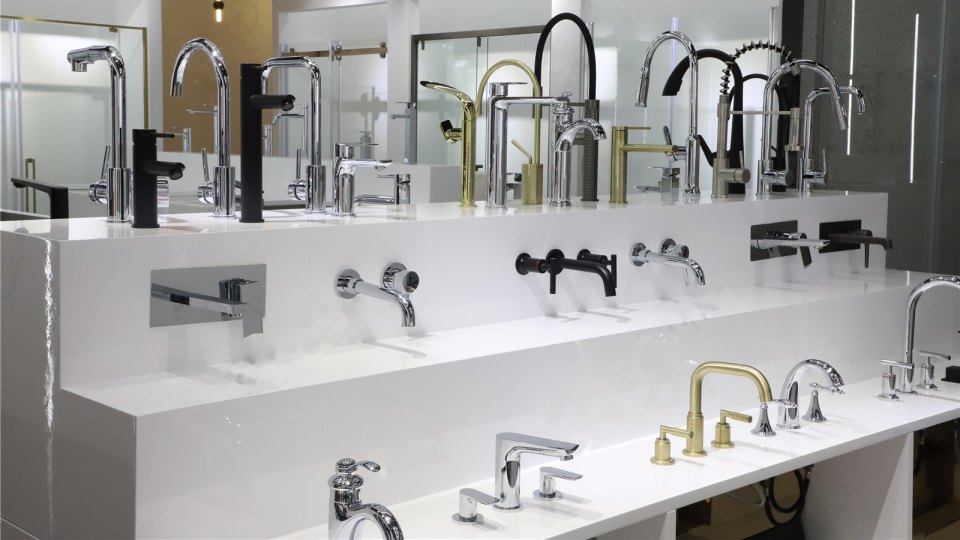 Deck-mount and wall-mount bathroom and kitchen faucets in chrome, black and brass